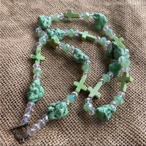 Turquoise Green Crosses Necklace Glass Beads Stone Necklace Western New